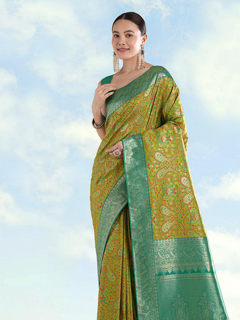 Monjolika Fashion Lemon Green Banarasi Silk Saree With Traditional Paisley Weaves | Grocsy