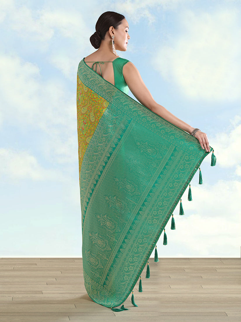 Monjolika Fashion Lemon Green Banarasi Silk Saree With Traditional Paisley Weaves | Grocsy