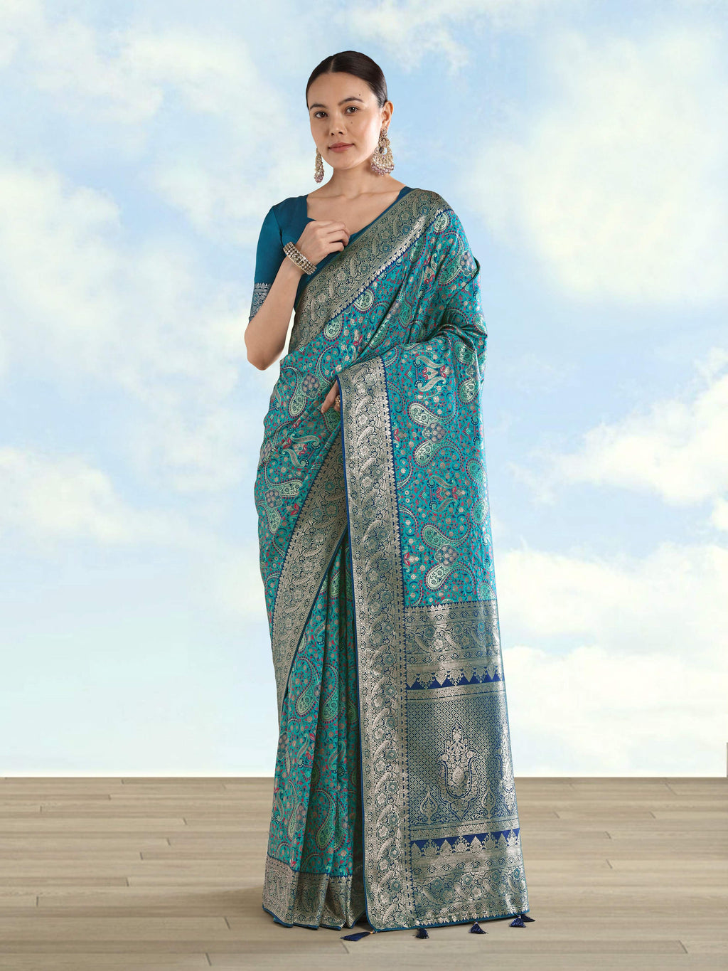 Monjolika Fashion Turquoise Banarasi Silk Saree With Traditional Paisley Weaves | Grocsy