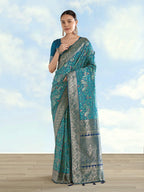 Monjolika Fashion Turquoise Banarasi Silk Saree With Traditional Paisley Weaves | Grocsy