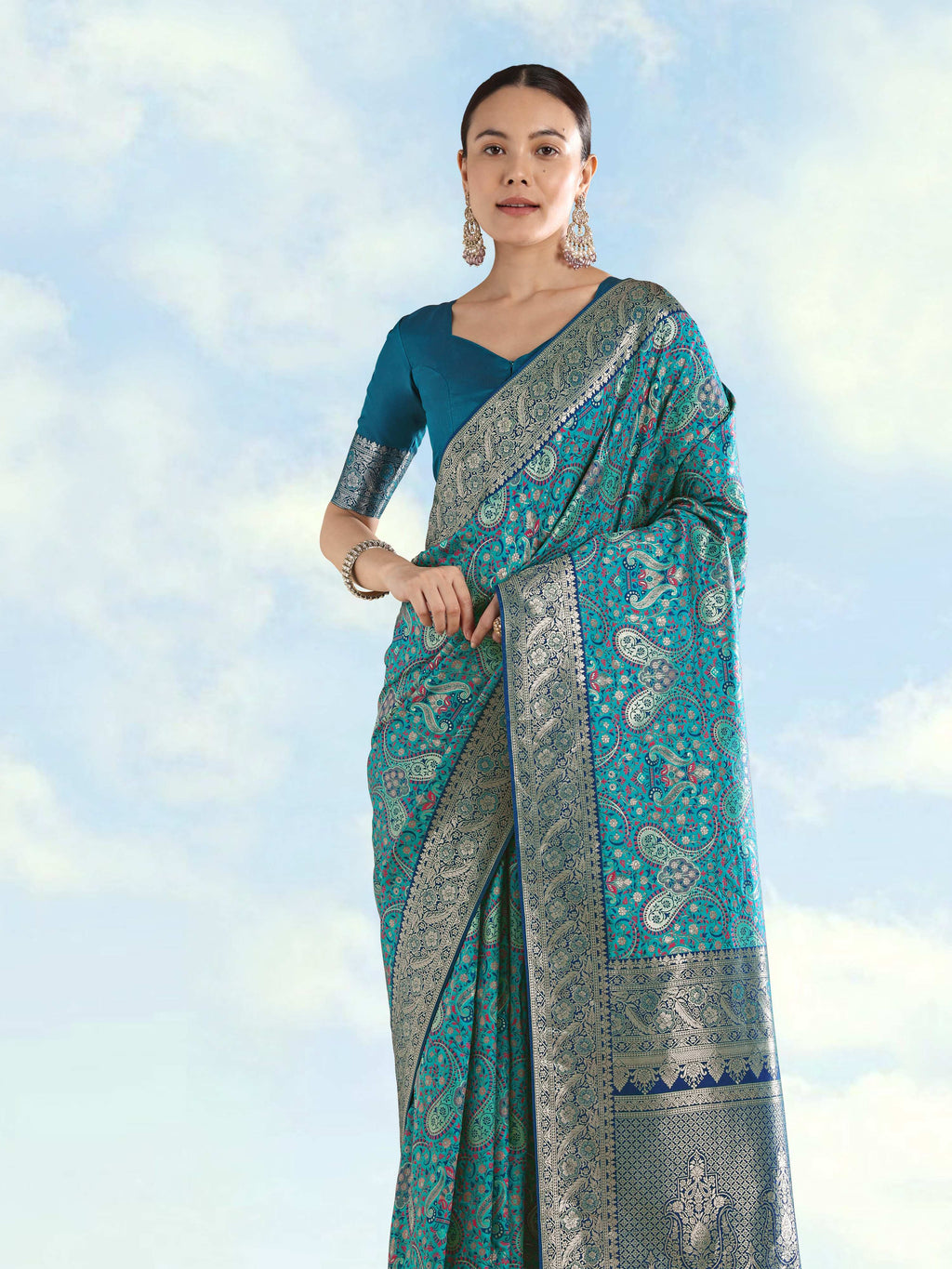 Monjolika Fashion Turquoise Banarasi Silk Saree With Traditional Paisley Weaves | Grocsy