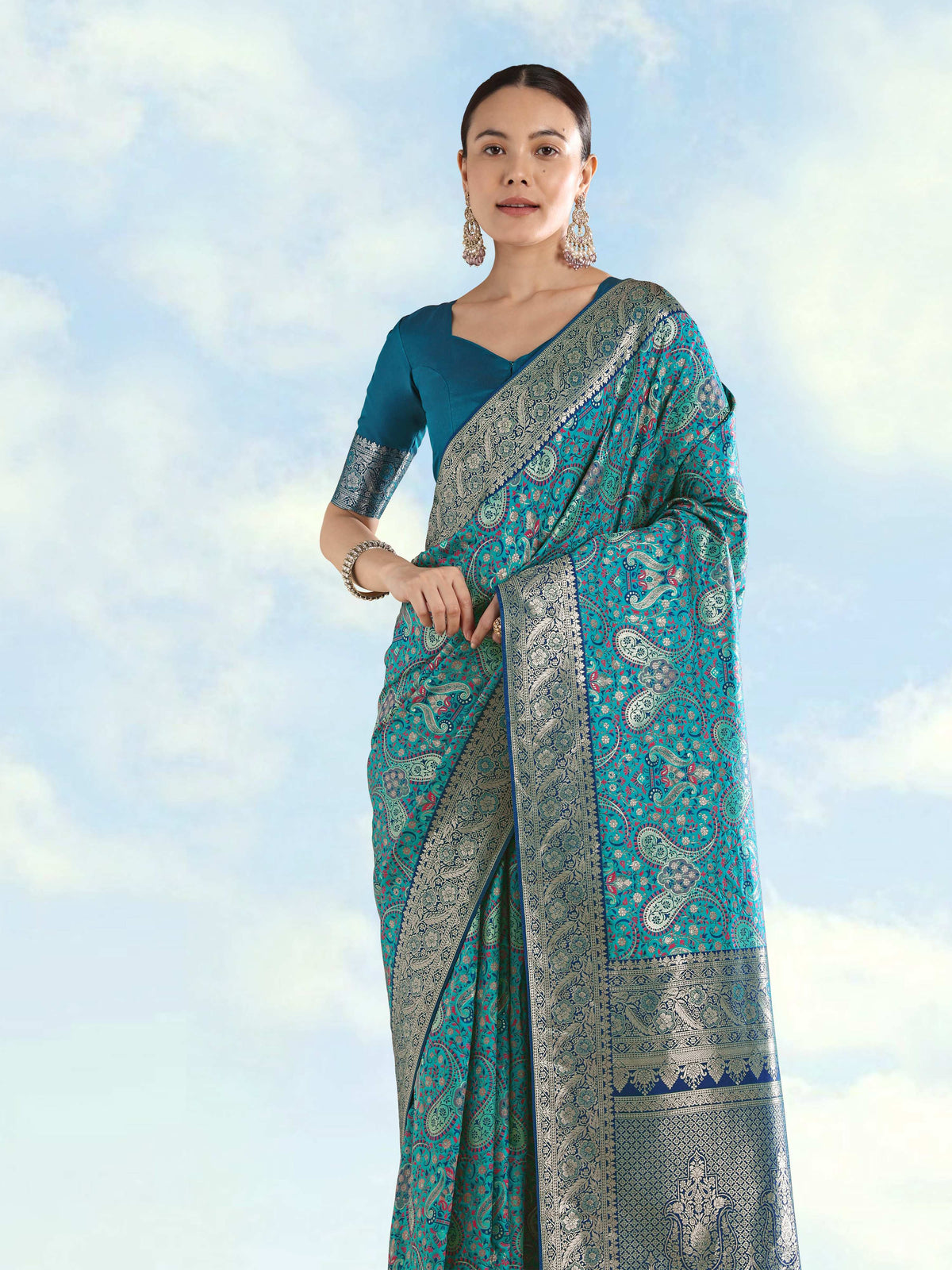 Monjolika Fashion Turquoise Banarasi Silk Saree With Traditional Paisley Weaves | Grocsy