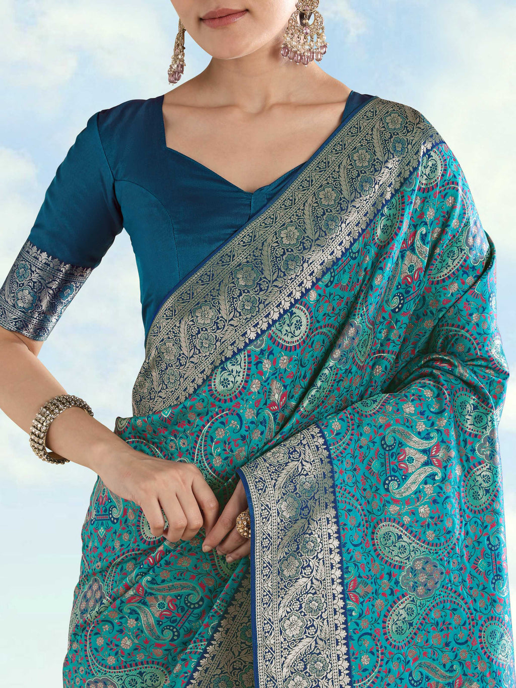 Monjolika Fashion Turquoise Banarasi Silk Saree With Traditional Paisley Weaves | Grocsy