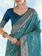 Monjolika Fashion Turquoise Banarasi Silk Saree With Traditional Paisley Weaves | Grocsy