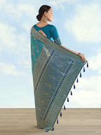 Monjolika Fashion Turquoise Banarasi Silk Saree With Traditional Paisley Weaves | Grocsy
