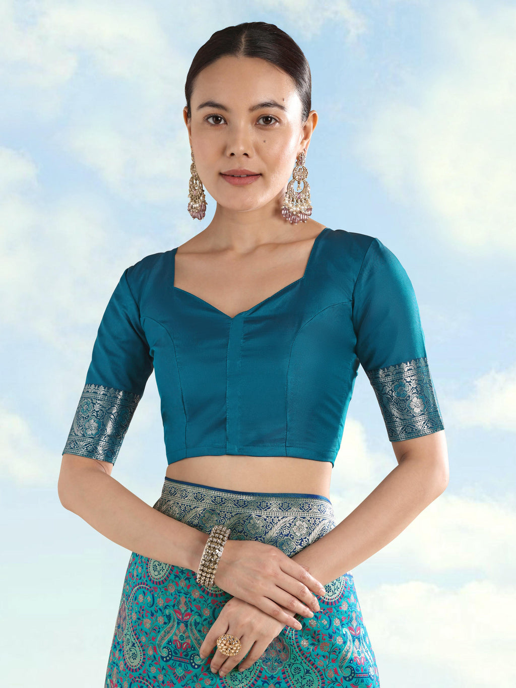 Monjolika Fashion Turquoise Banarasi Silk Saree With Traditional Paisley Weaves | Grocsy