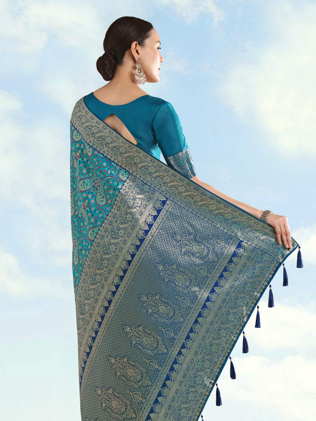 Monjolika Fashion Turquoise Banarasi Silk Saree With Traditional Paisley Weaves | Grocsy