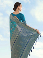 Monjolika Fashion Turquoise Banarasi Silk Saree With Traditional Paisley Weaves | Grocsy