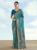 Monjolika Fashion Turquoise Banarasi Silk Saree With Traditional Paisley Weaves | Grocsy