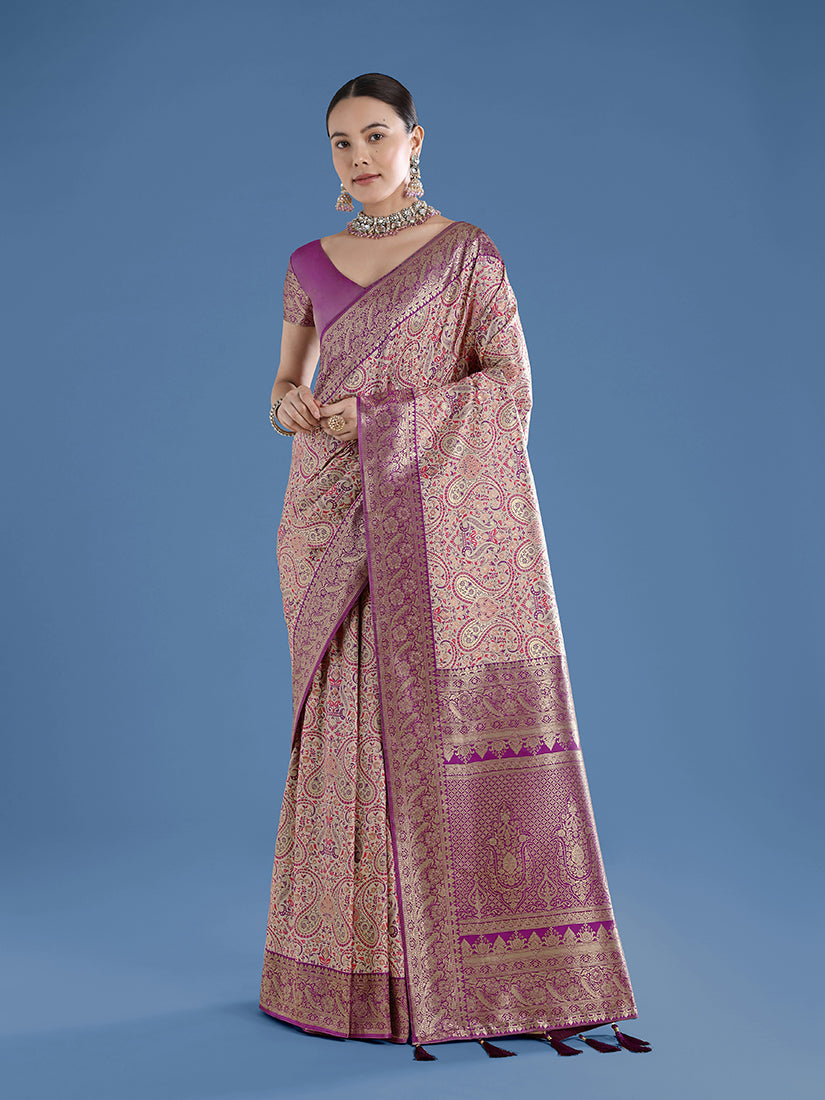 Monjolika Fashion Beige Banarasi Silk Saree With Traditional Paisley Weaves | Grocsy