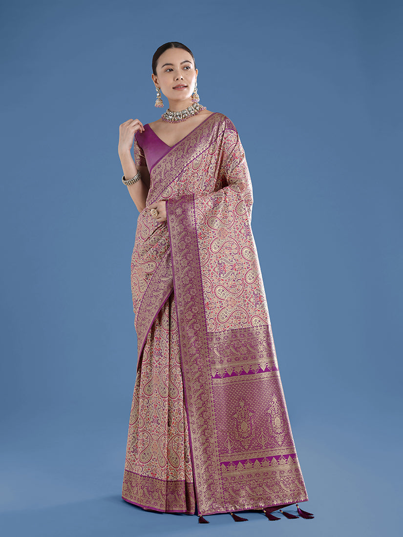 Monjolika Fashion Beige Banarasi Silk Saree With Traditional Paisley Weaves | Grocsy