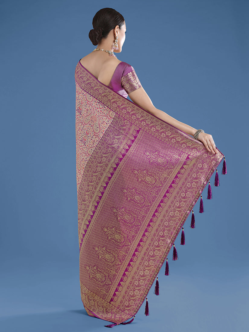 Monjolika Fashion Beige Banarasi Silk Saree With Traditional Paisley Weaves | Grocsy