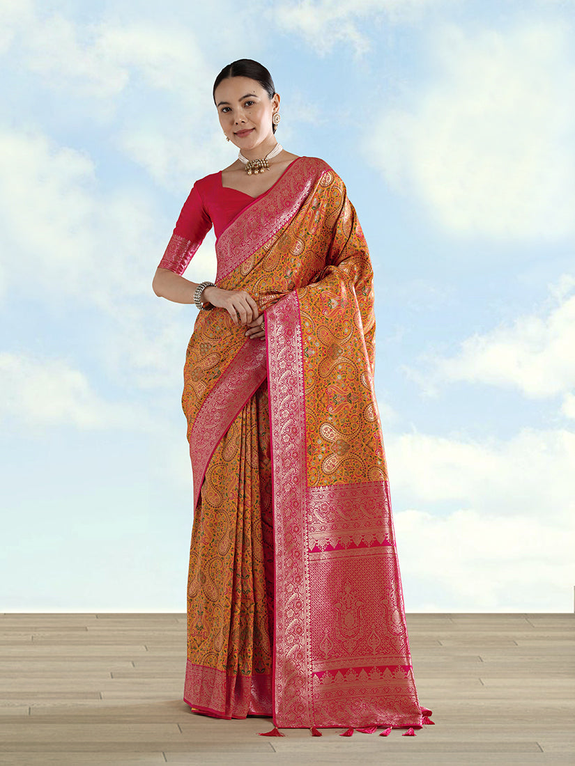 Monjolika Fashion Mustard Banarasi Silk Saree With Traditional Paisley Weaves | Grocsy