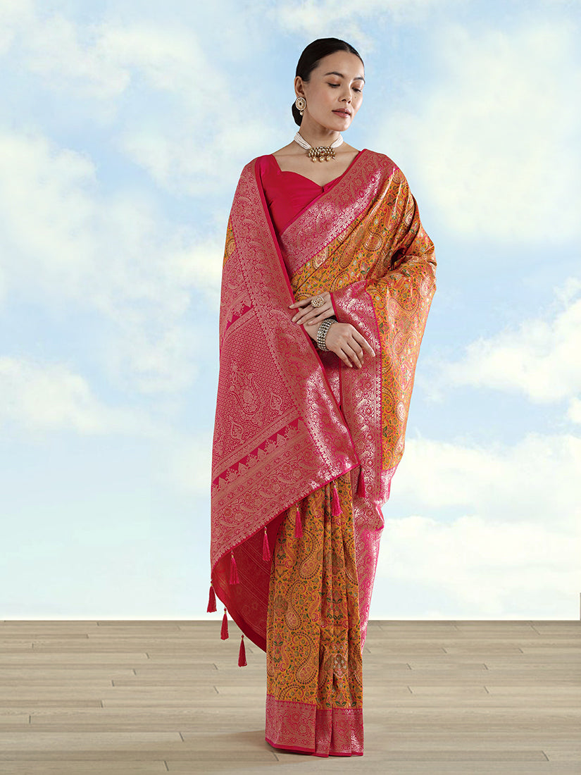 Monjolika Fashion Mustard Banarasi Silk Saree With Traditional Paisley Weaves | Grocsy
