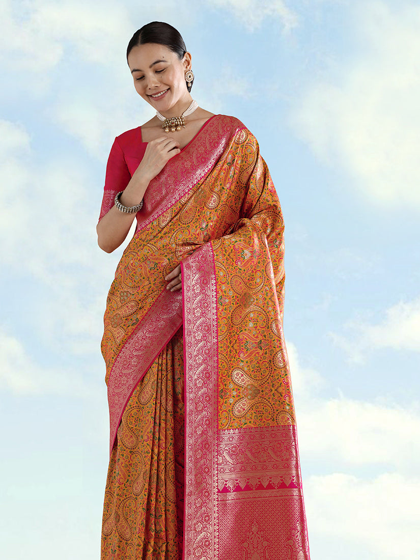 Monjolika Fashion Mustard Banarasi Silk Saree With Traditional Paisley Weaves | Grocsy