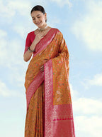 Monjolika Fashion Mustard Banarasi Silk Saree With Traditional Paisley Weaves | Grocsy