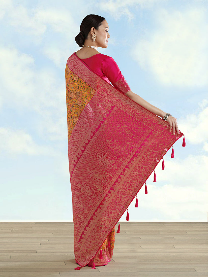 Monjolika Fashion Mustard Banarasi Silk Saree With Traditional Paisley Weaves | Grocsy