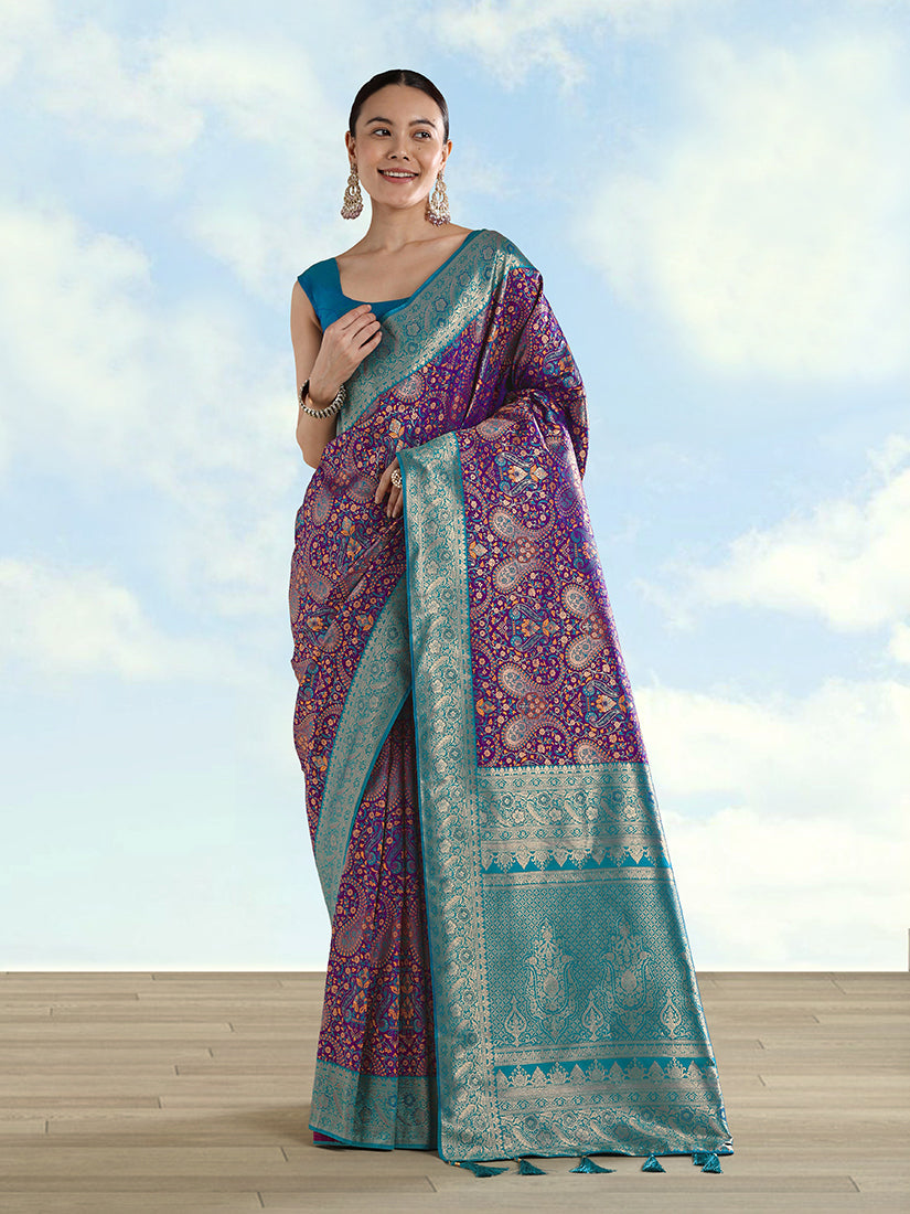 Monjolika Fashion Purple Banarasi Silk Saree With Traditional Paisley Weaves | Grocsy