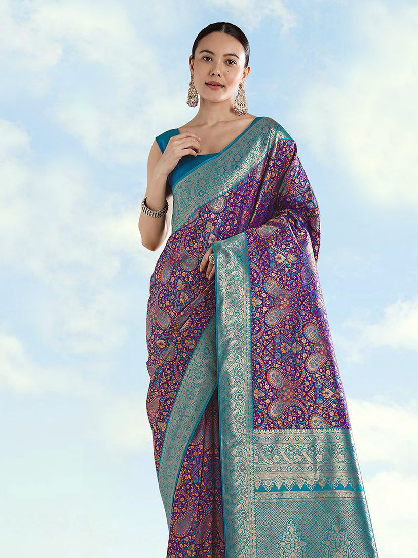 Monjolika Fashion Purple Banarasi Silk Saree With Traditional Paisley Weaves | Grocsy