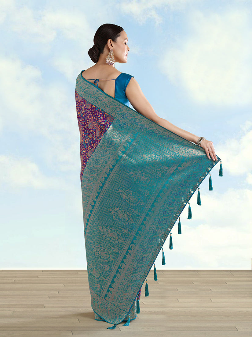 Monjolika Fashion Purple Banarasi Silk Saree With Traditional Paisley Weaves | Grocsy