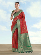 Monjolika Fashion Red Banarasi Silk Saree With Traditional Paisley Weaves | Grocsy