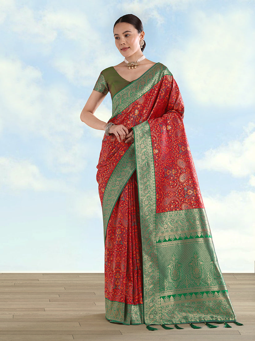 Monjolika Fashion Red Banarasi Silk Saree With Traditional Paisley Weaves | Grocsy
