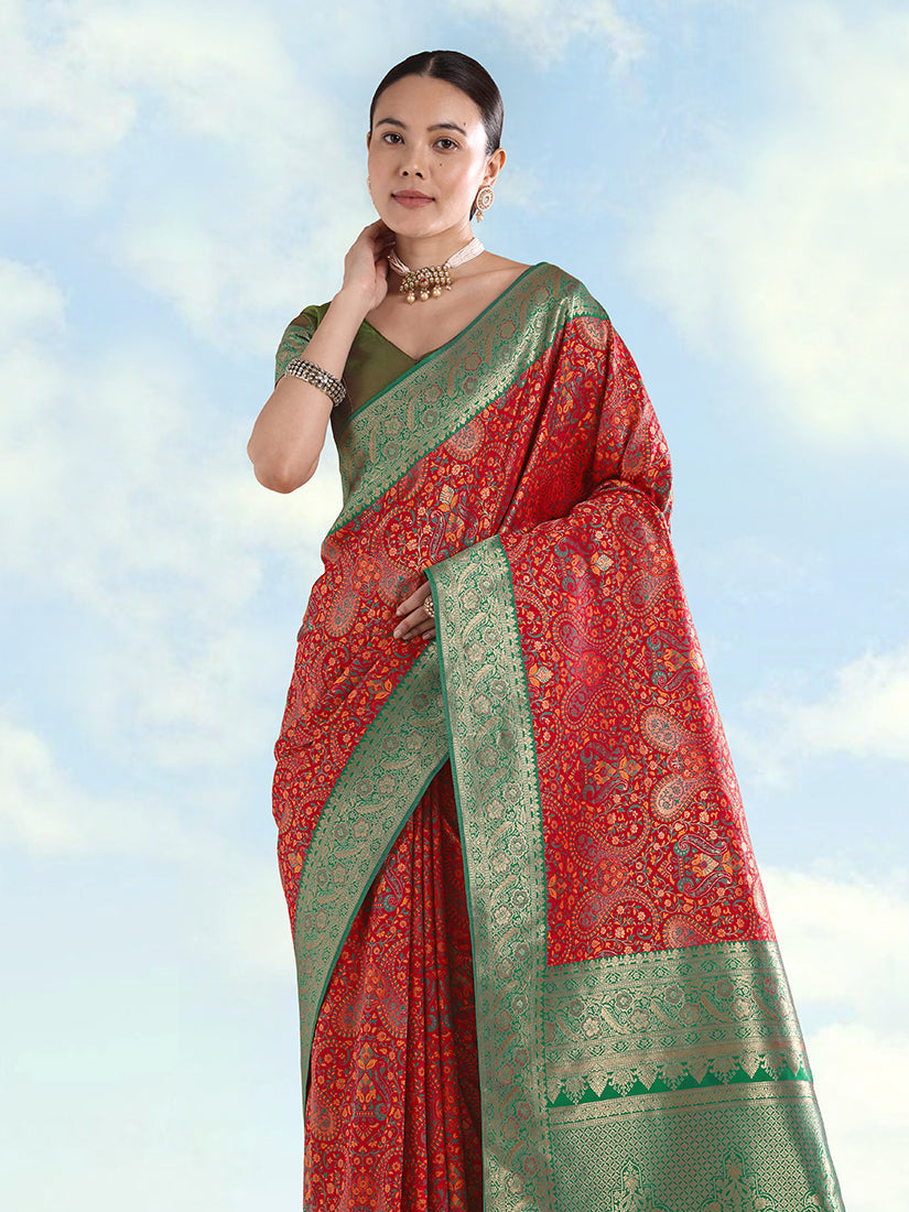Monjolika Fashion Red Banarasi Silk Saree With Traditional Paisley Weaves | Grocsy