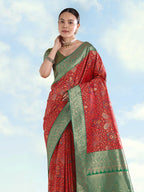 Monjolika Fashion Red Banarasi Silk Saree With Traditional Paisley Weaves | Grocsy