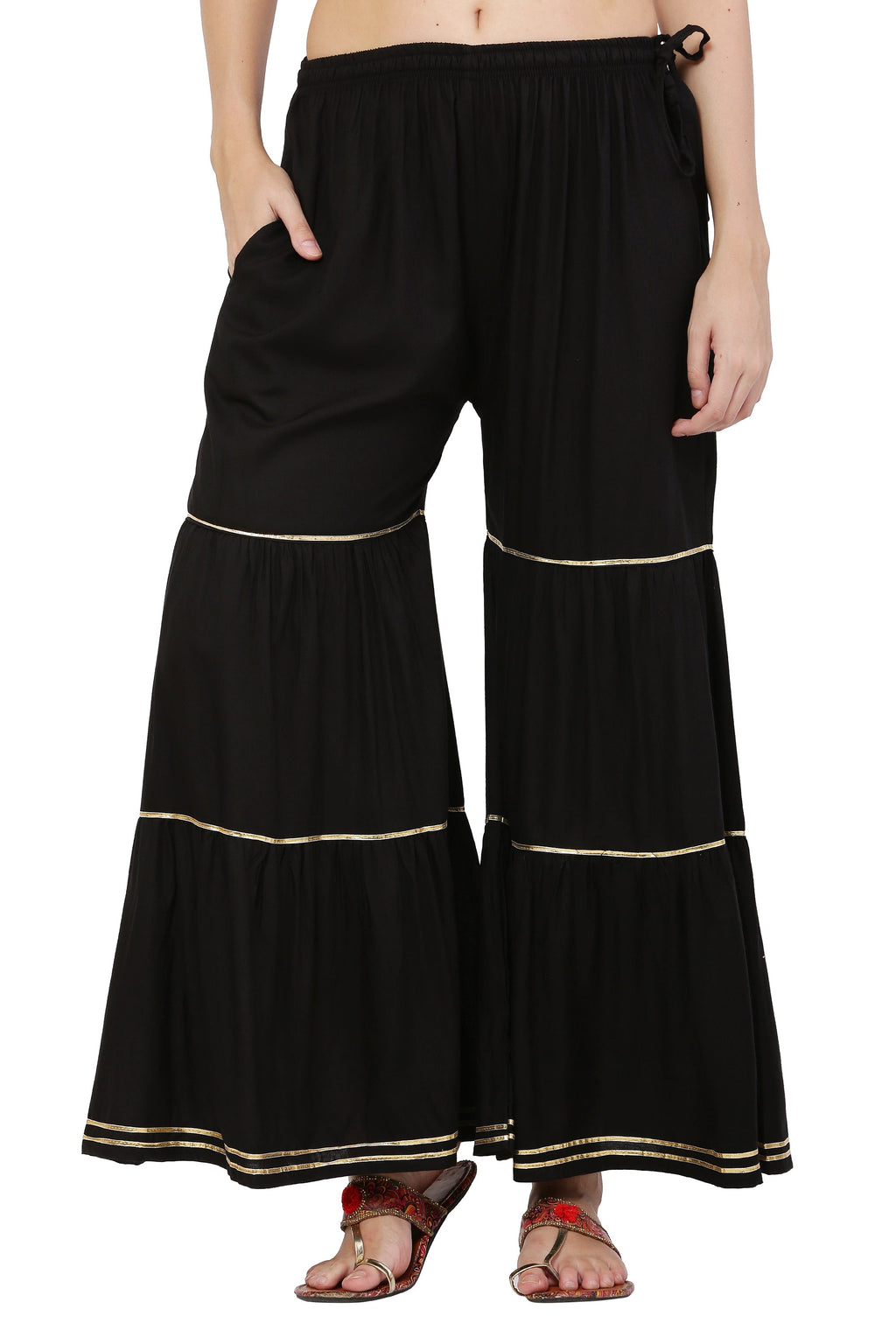 PAVONINE Black Color 3-Panels Golden Gota Flared Sharara For Women | Grocsy