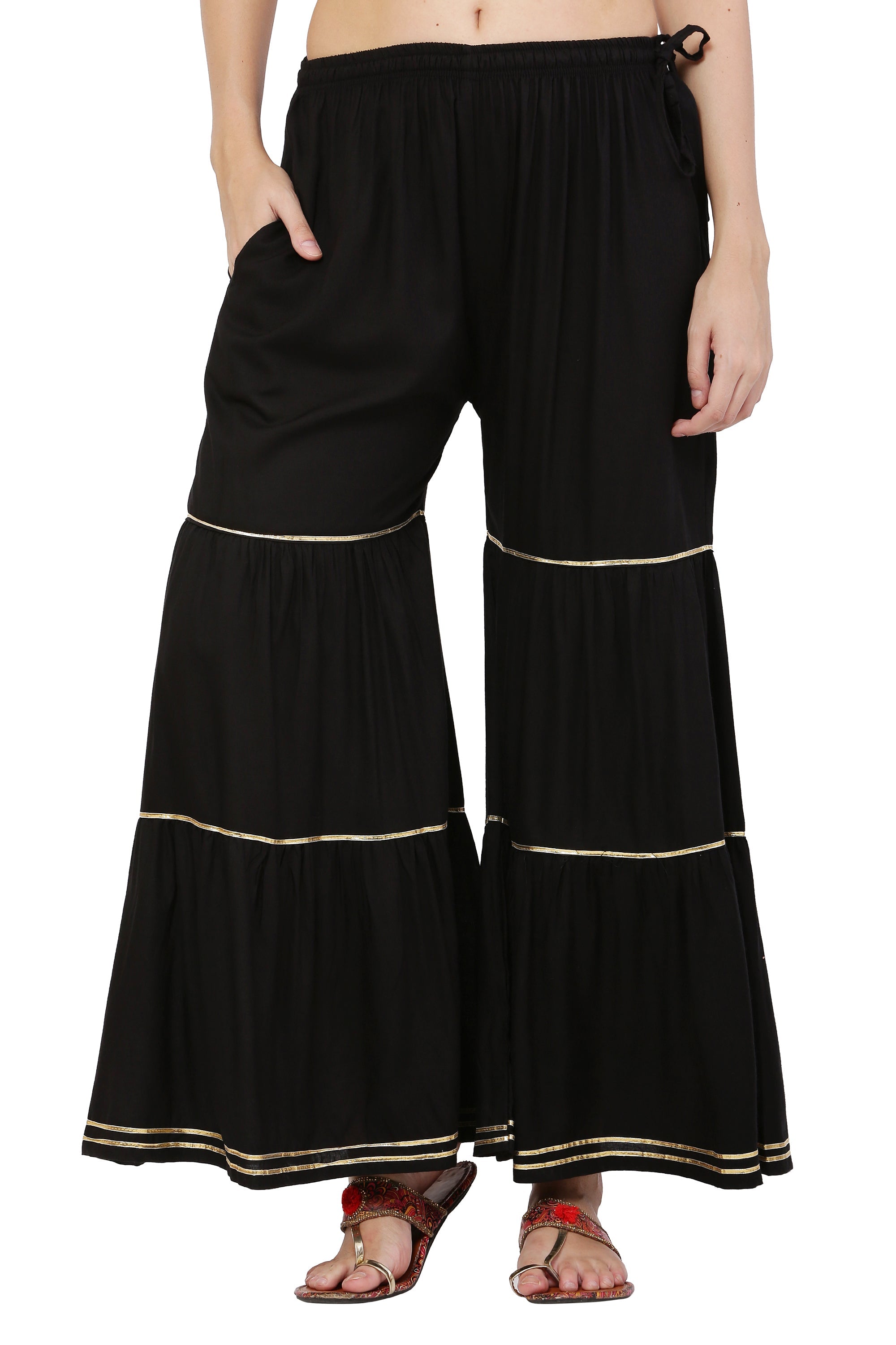 PAVONINE Black Color 3-Panels Golden Gota Flared Sharara For Women | Grocsy