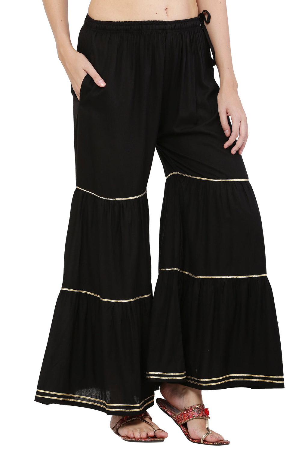 PAVONINE Black Color 3-Panels Golden Gota Flared Sharara For Women | Grocsy