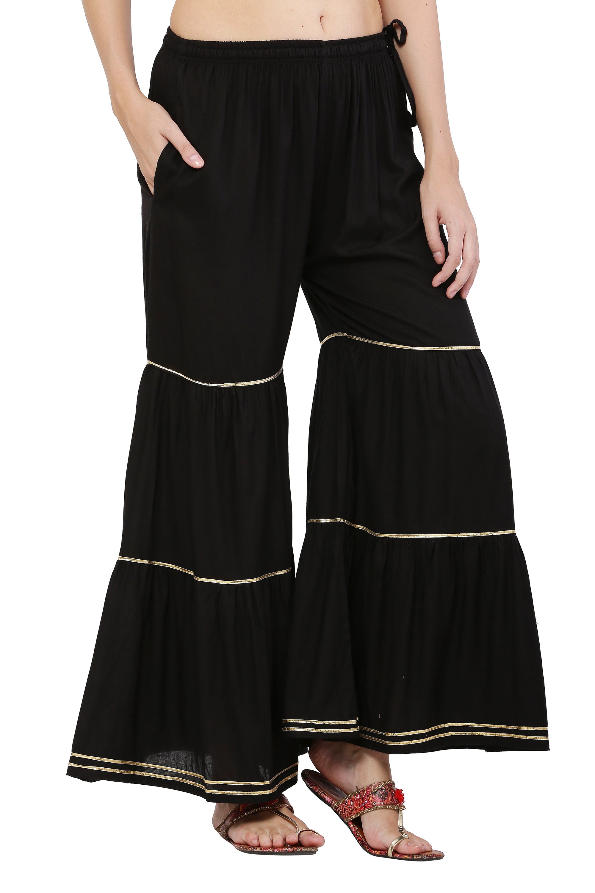 PAVONINE Black Color 3-Panels Golden Gota Flared Sharara For Women | Grocsy
