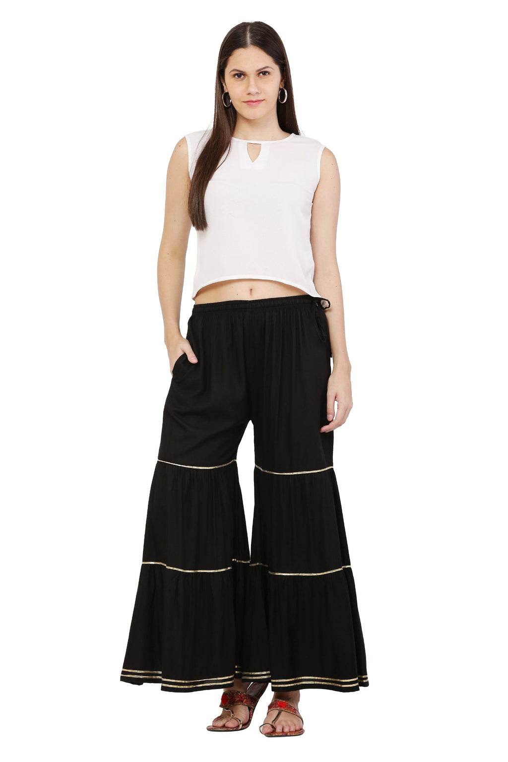 PAVONINE Black Color 3-Panels Golden Gota Flared Sharara For Women | Grocsy