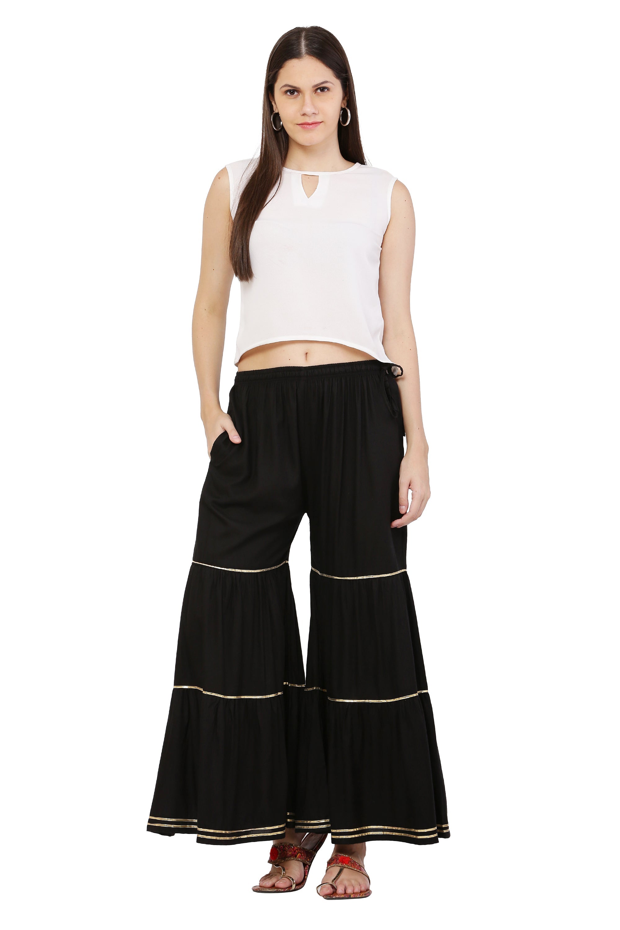 PAVONINE Black Color 3-Panels Golden Gota Flared Sharara For Women | Grocsy