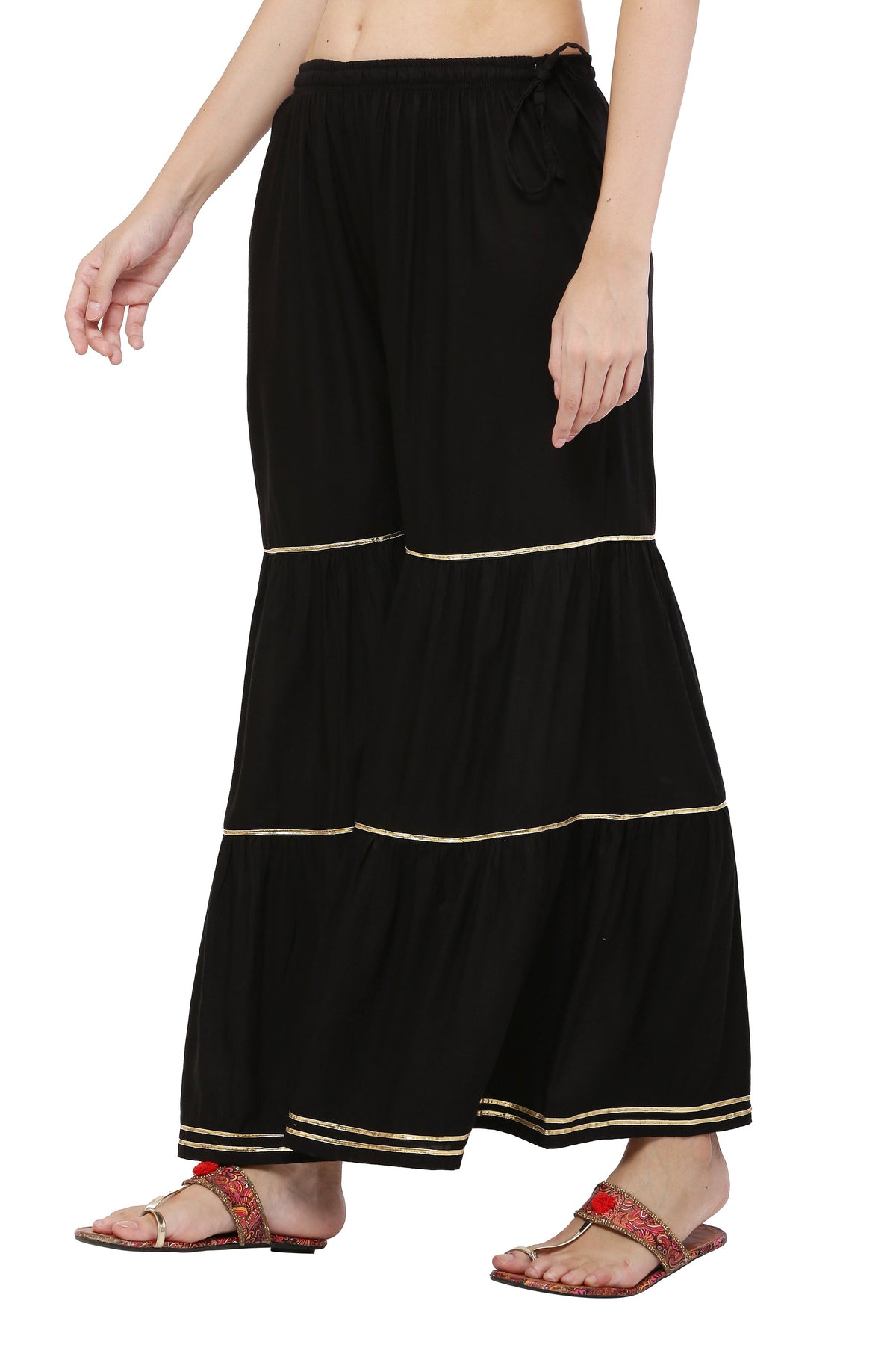 PAVONINE Black Color 3-Panels Golden Gota Flared Sharara For Women | Grocsy
