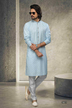 Raivat Ethnic Cotton Printed Work Kurta Pajama In Sky Blue Colour | Grocsy