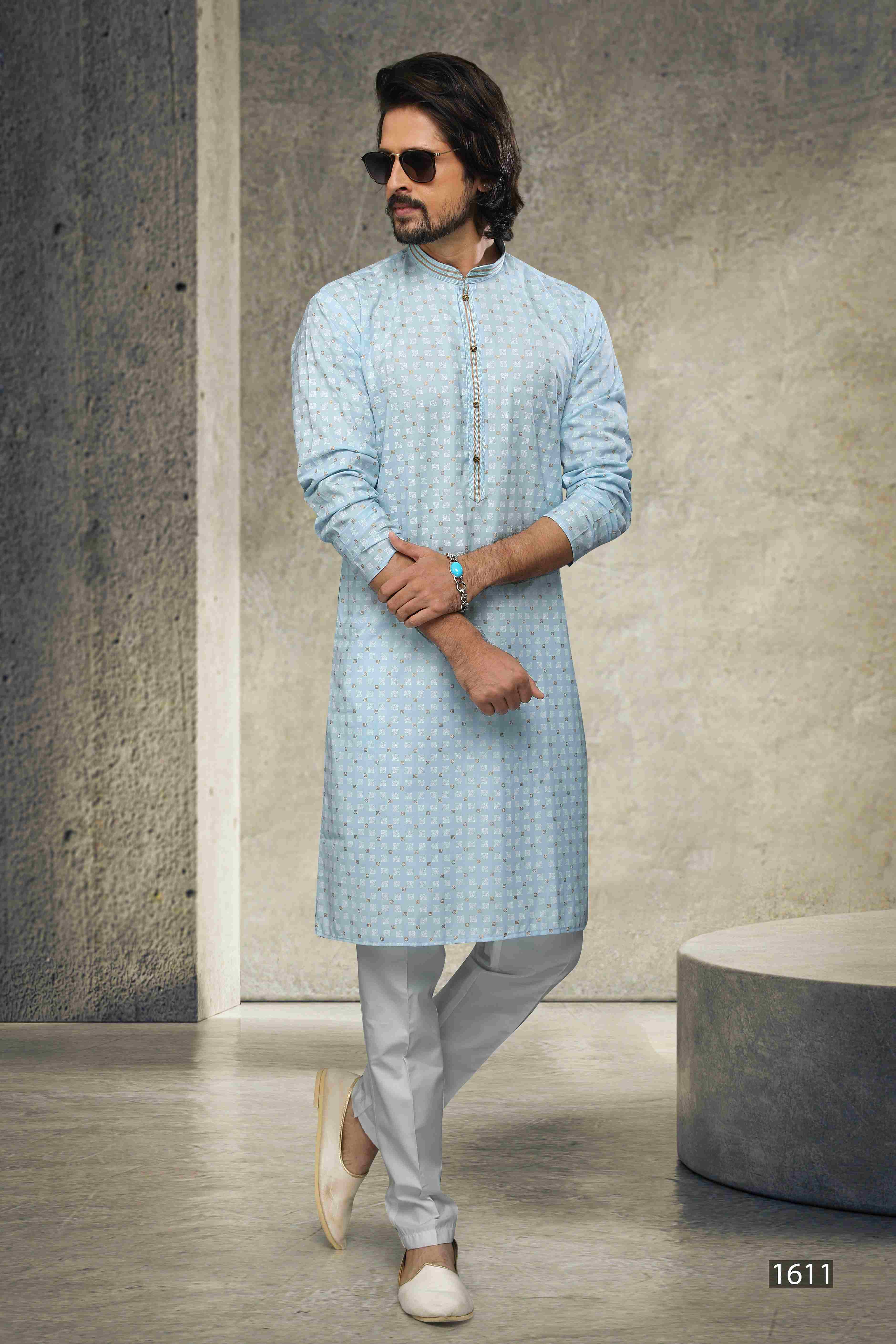 Raivat Ethnic Cotton Printed Work Kurta Pajama In Sky Blue Colour | Grocsy