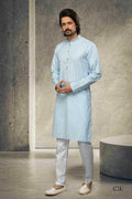 Raivat Ethnic Cotton Printed Work Kurta Pajama In Sky Blue Colour | Grocsy