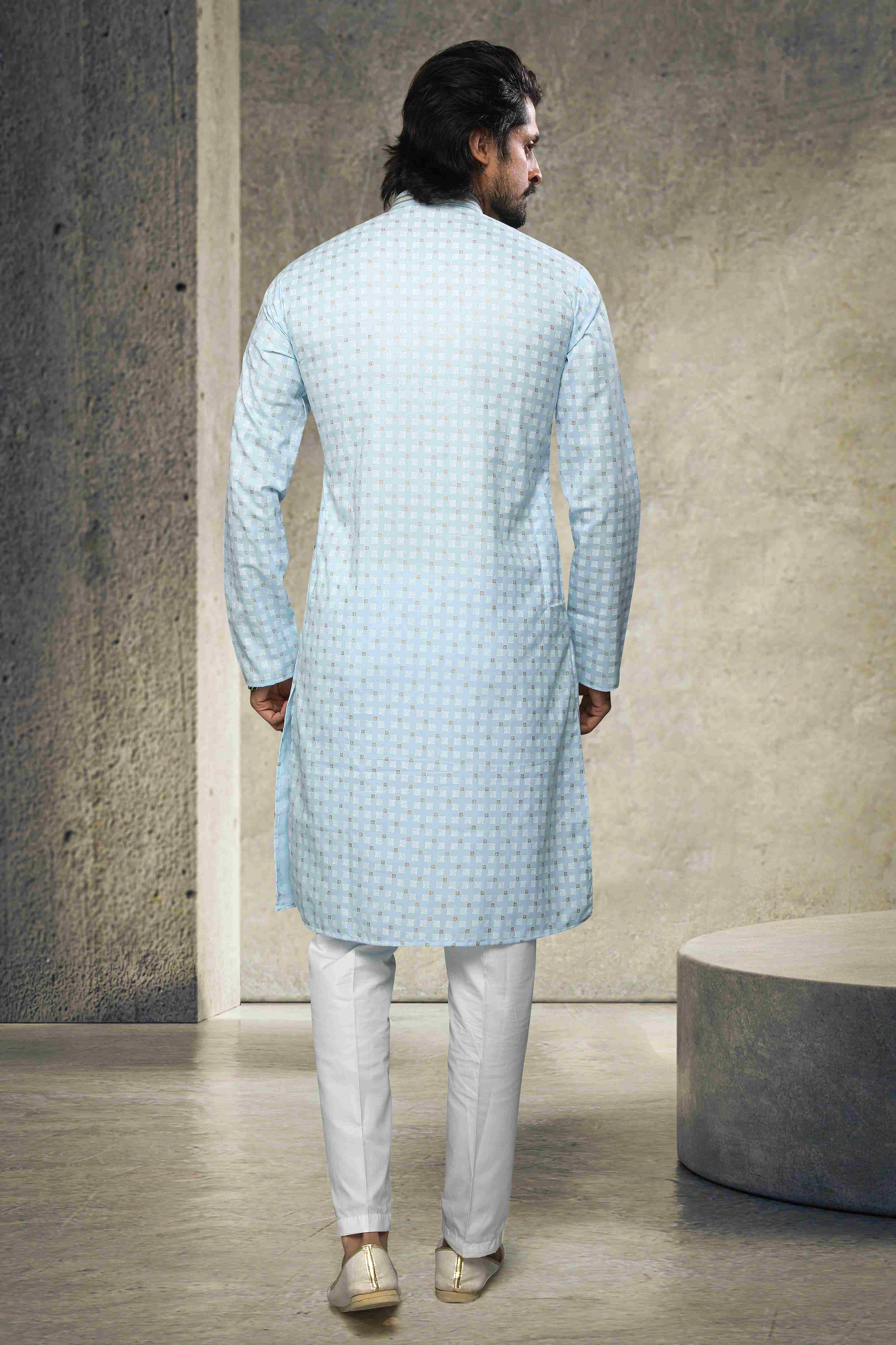 Raivat Ethnic Cotton Printed Work Kurta Pajama In Sky Blue Colour | Grocsy