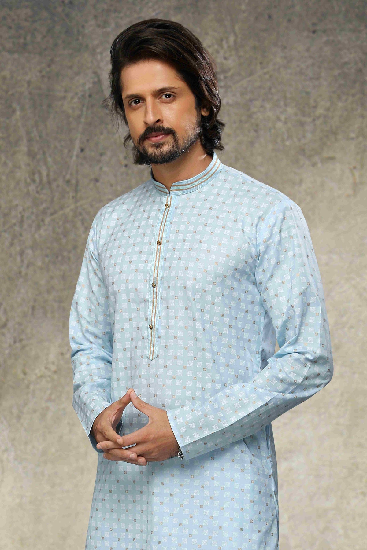 Raivat Ethnic Cotton Printed Work Kurta Pajama In Sky Blue Colour | Grocsy