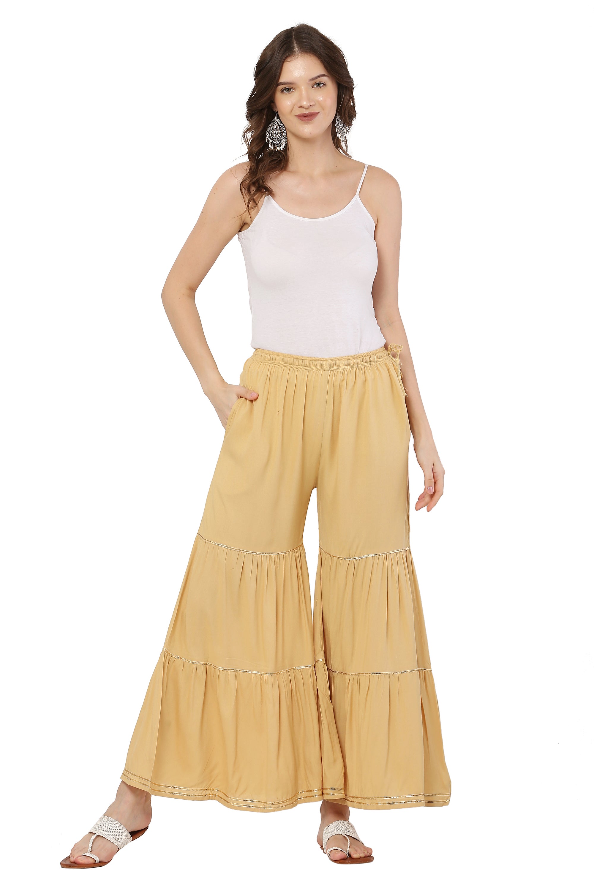 PAVONINE Beige Color 3-Panels Golden Gota Flared Sharara For Women | Grocsy