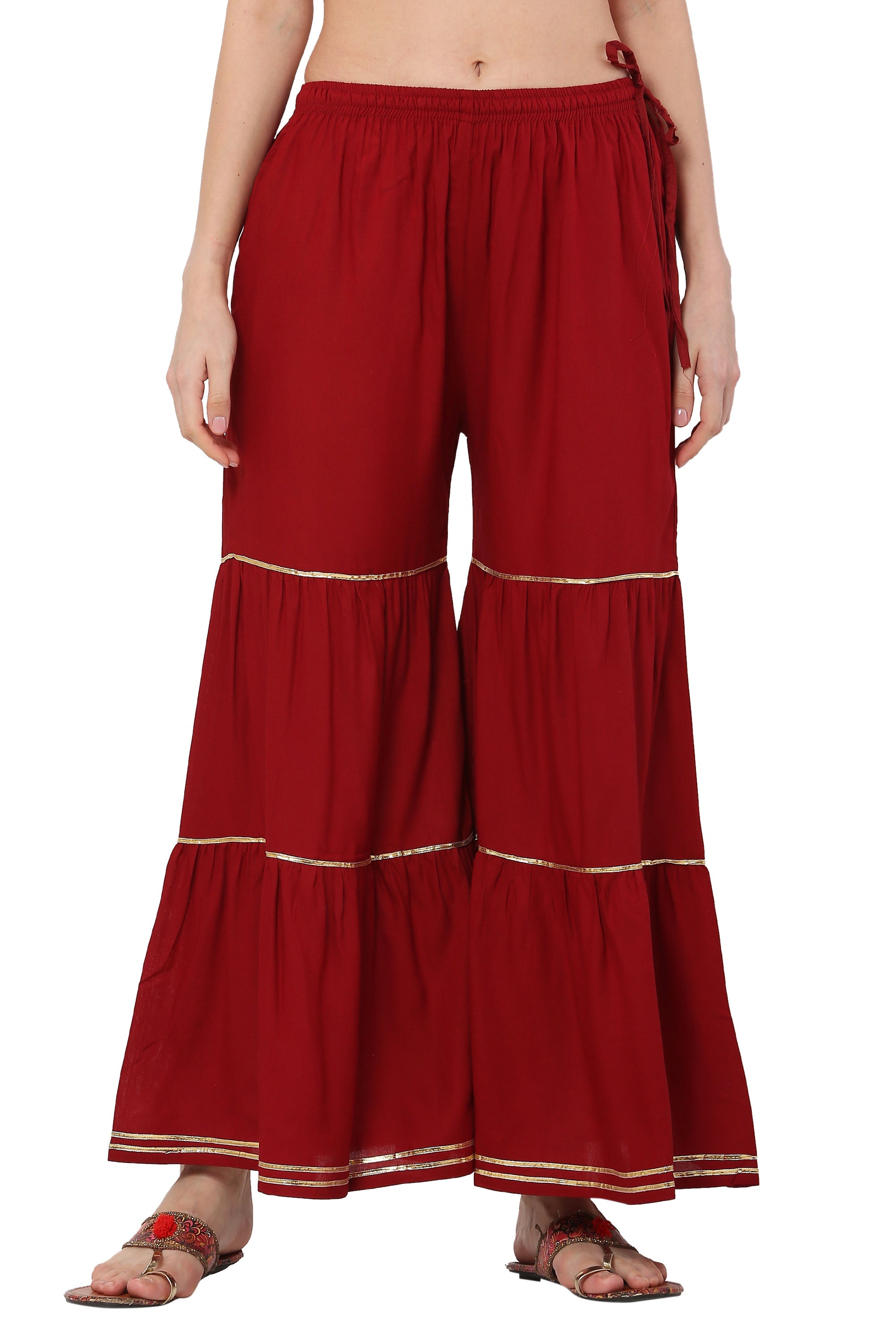 PAVONINE Maroon Color 3-Panels Golden Gota Flared Sharara For Women | Grocsy
