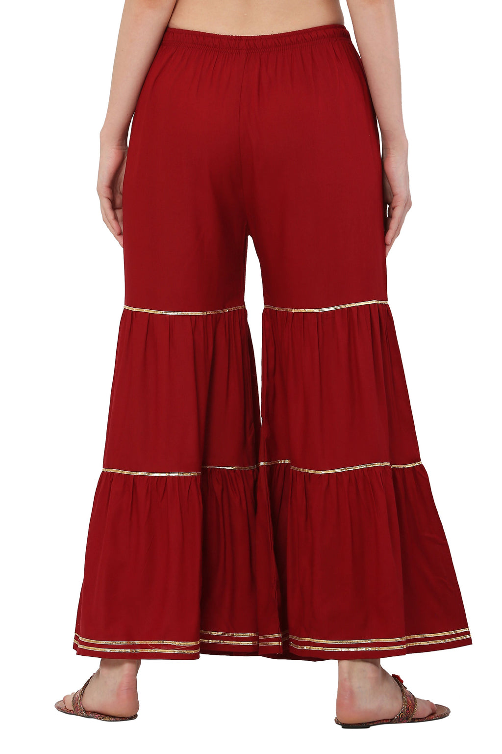 PAVONINE Maroon Color 3-Panels Golden Gota Flared Sharara For Women | Grocsy