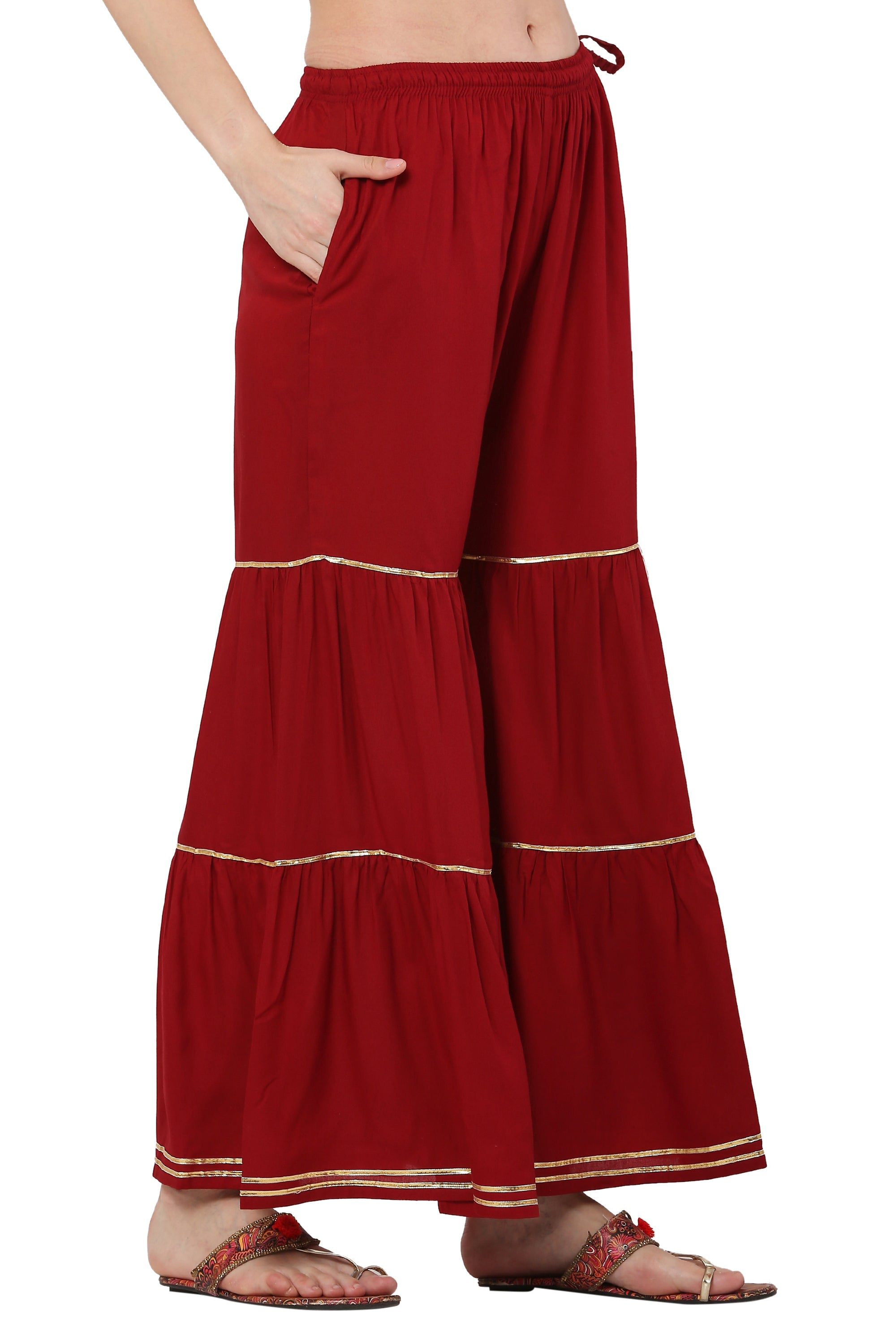 PAVONINE Maroon Color 3-Panels Golden Gota Flared Sharara For Women | Grocsy