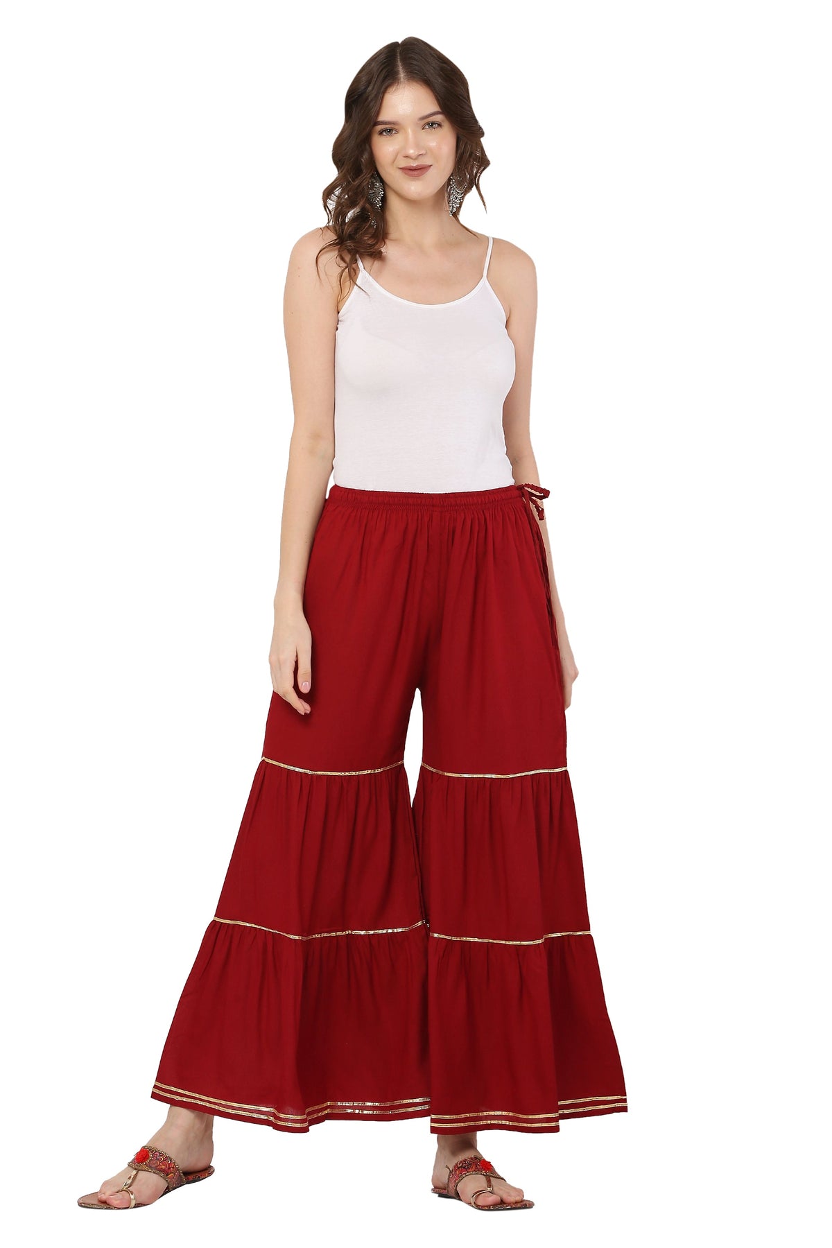 PAVONINE Maroon Color 3-Panels Golden Gota Flared Sharara For Women | Grocsy