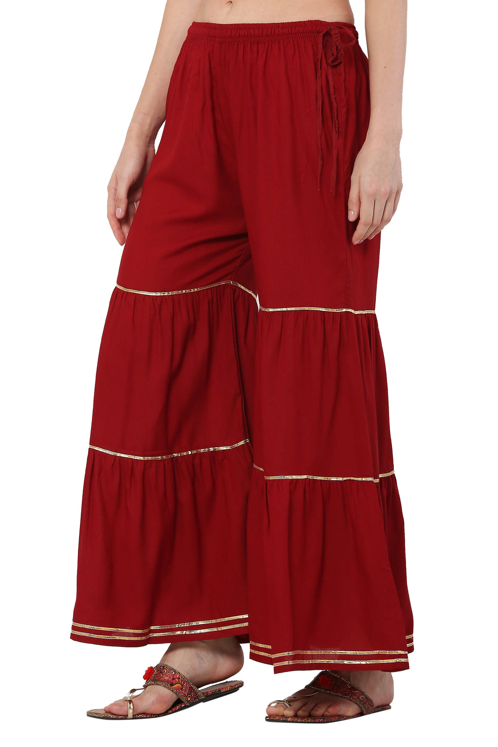 PAVONINE Maroon Color 3-Panels Golden Gota Flared Sharara For Women | Grocsy