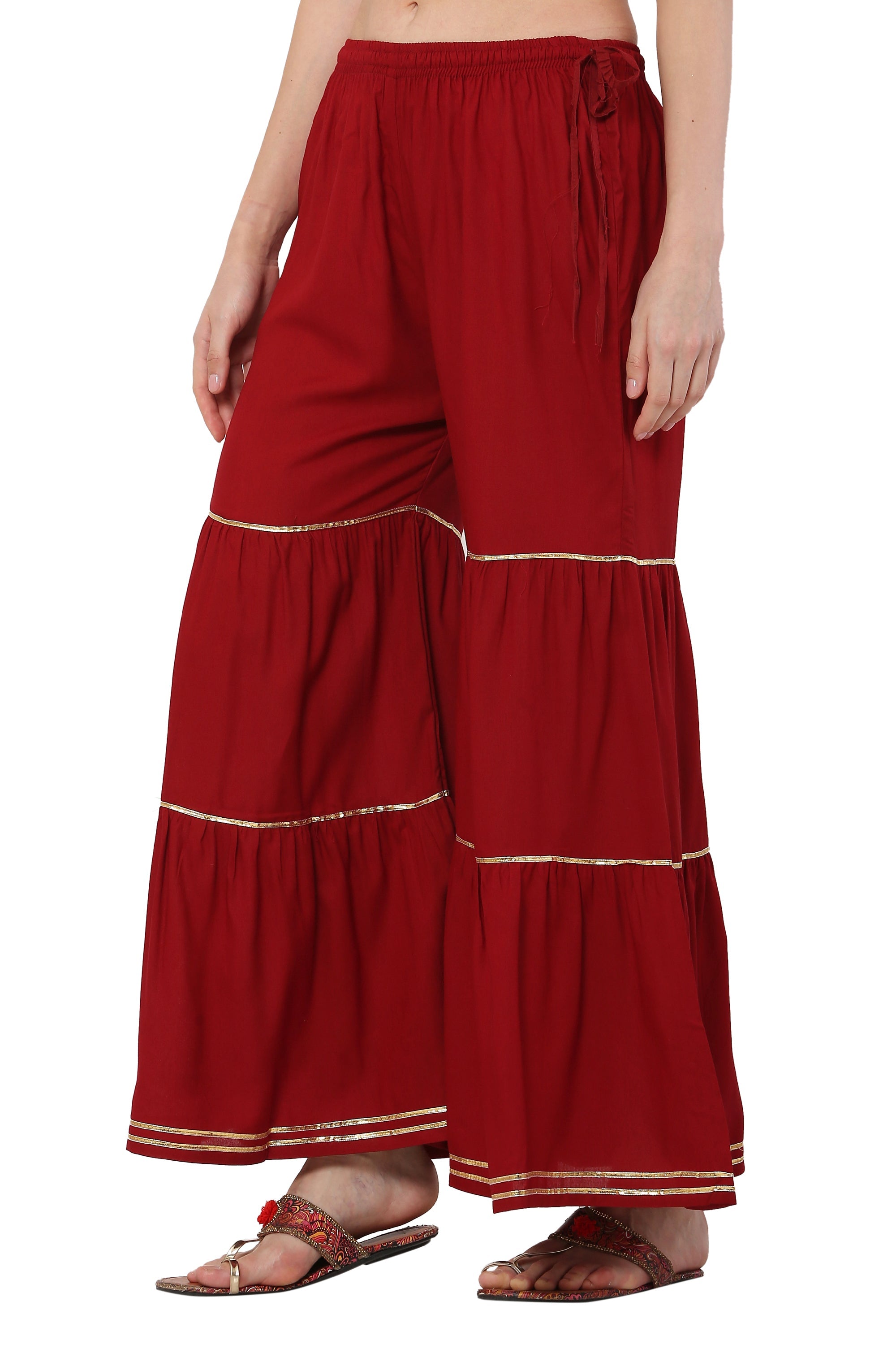 PAVONINE Maroon Color 3-Panels Golden Gota Flared Sharara For Women | Grocsy