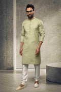 Raivat Ethnic Cotton Printed Work Kurta Pajama In Light Green Colour | Grocsy