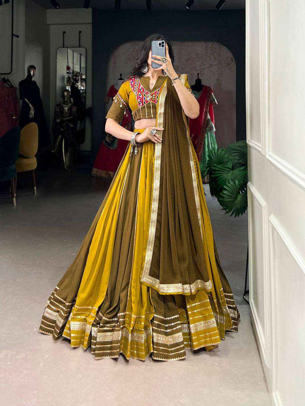 Lorenvalley Mustard Pure Rayon Sequins Lace With Gota Patti Lace Touch Up Lehenga Choli with Dupatta | Grocsy