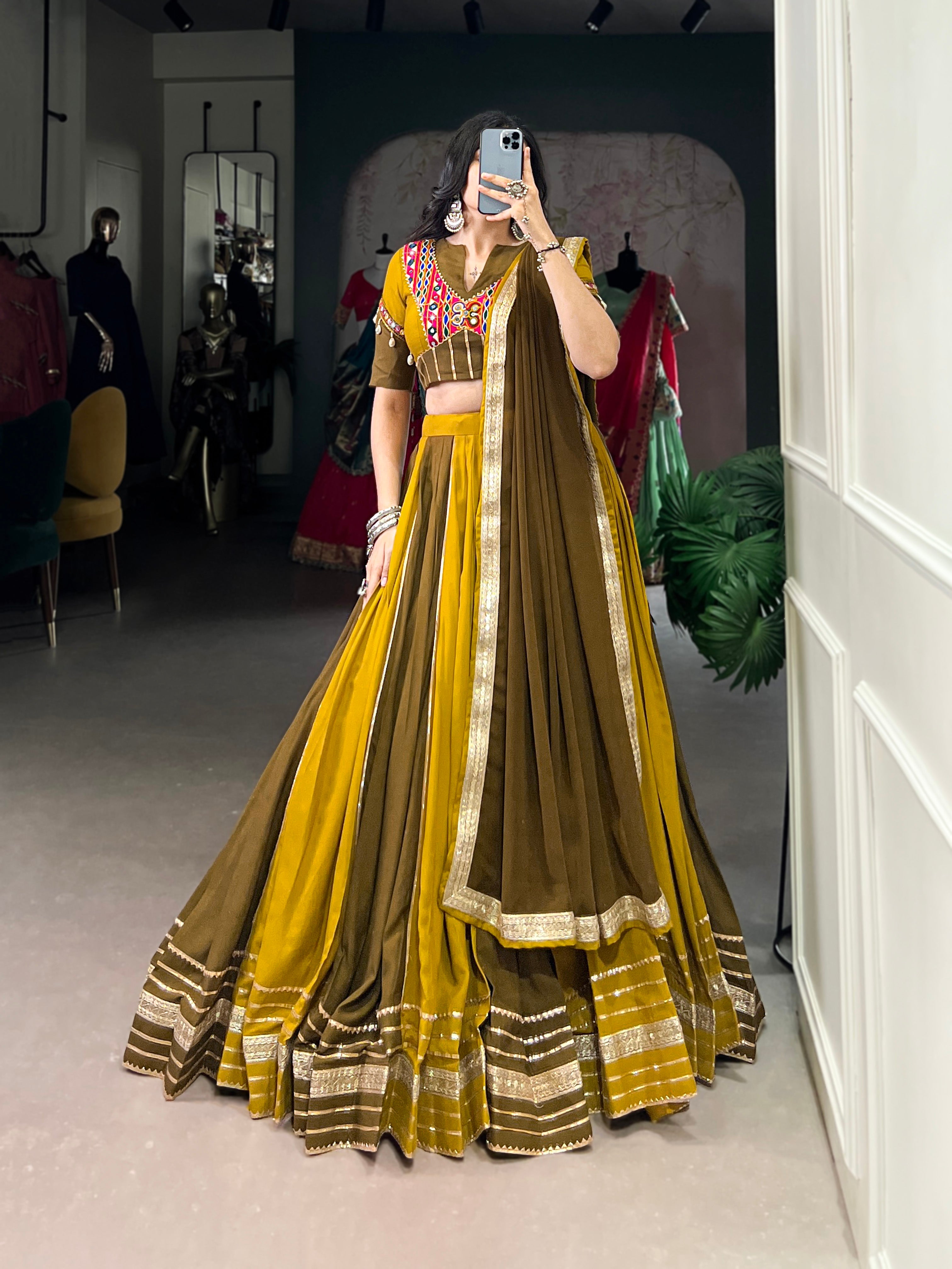 Lorenvalley Mustard Pure Rayon Sequins Lace With Gota Patti Lace Touch Up Lehenga Choli with Dupatta | Grocsy